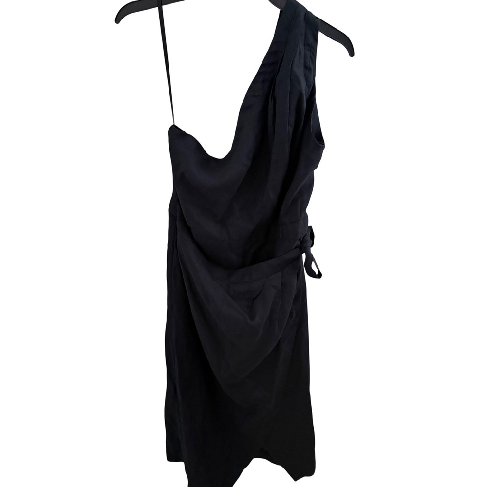 Anthropologie One Shoulder Wrap Dress 14 Black Linen Quiet Luxury Minimalist